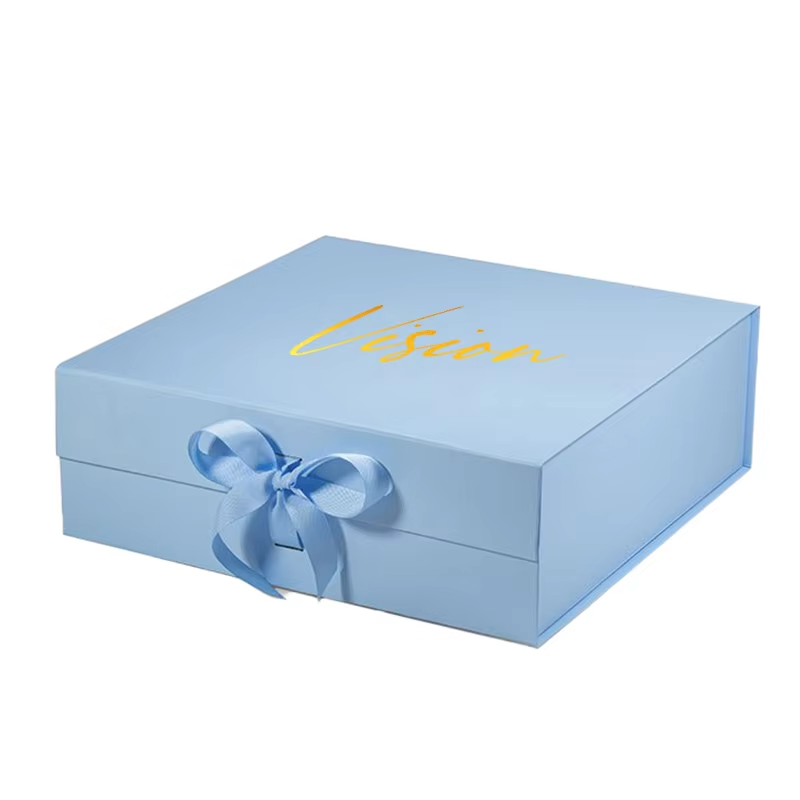 Luxury High-End Wedding Gift Box Square Light Blue Pink Customizable Ribbon Magnetic Lid Embossed Bridesmaid Stamping Paperboard