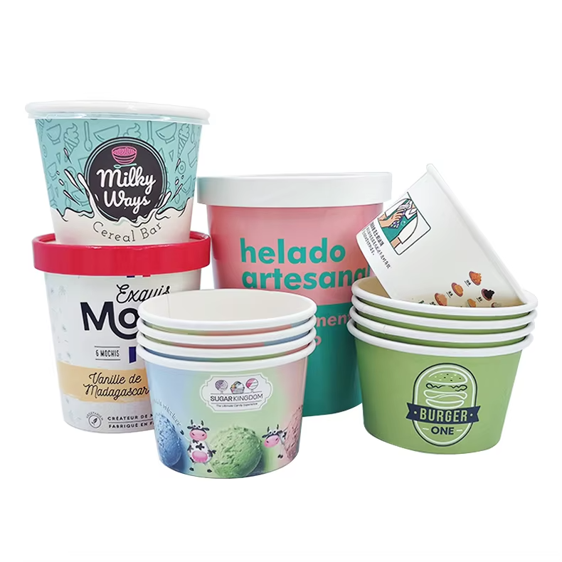 Biodegradable Paper Cups Ice Cream 6 oz 8 oz 12 oz for Cold Food Kraft Paper Cup With Dome Lid