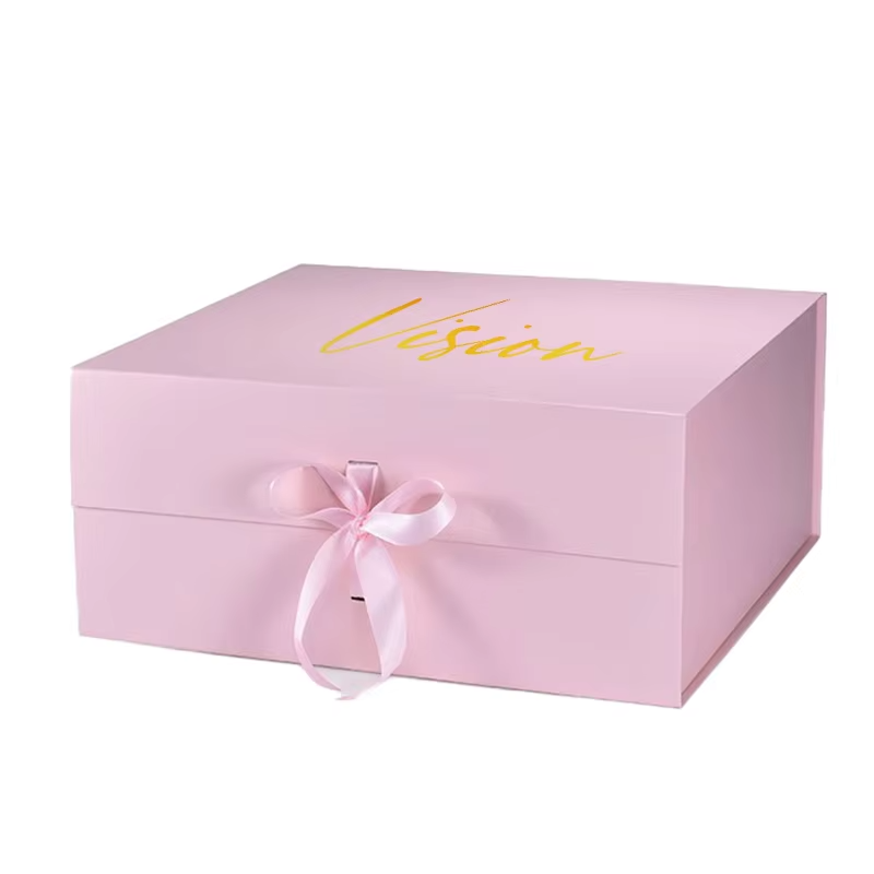 Luxury High-End Wedding Gift Box Square Light Blue Pink Customizable Ribbon Magnetic Lid Embossed Bridesmaid Stamping Paperboard