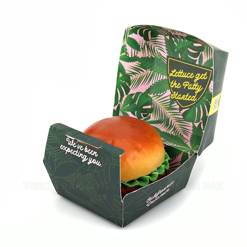 Custom Printing Food Grade Paper Burger Box Disposable Hamburger Packaging